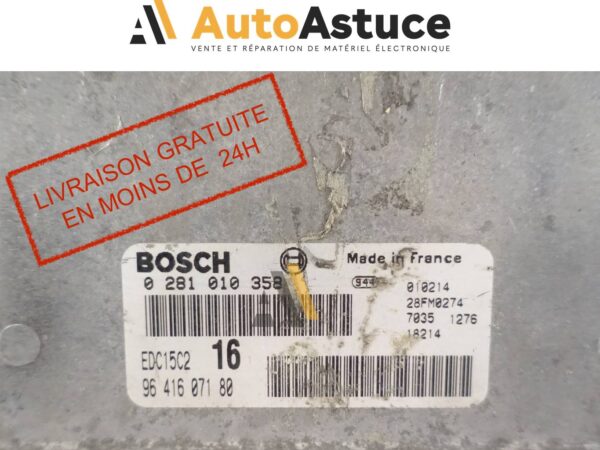 ECU Calculateur Moteur Citroen Xsara Picasso 2.0 HDI— Ref constructeur : 9641607180— Ref Fabricant: Bosch 0281010358— Type: EDC15C2— Refs Compatibles: PSA Peugeot Citroen